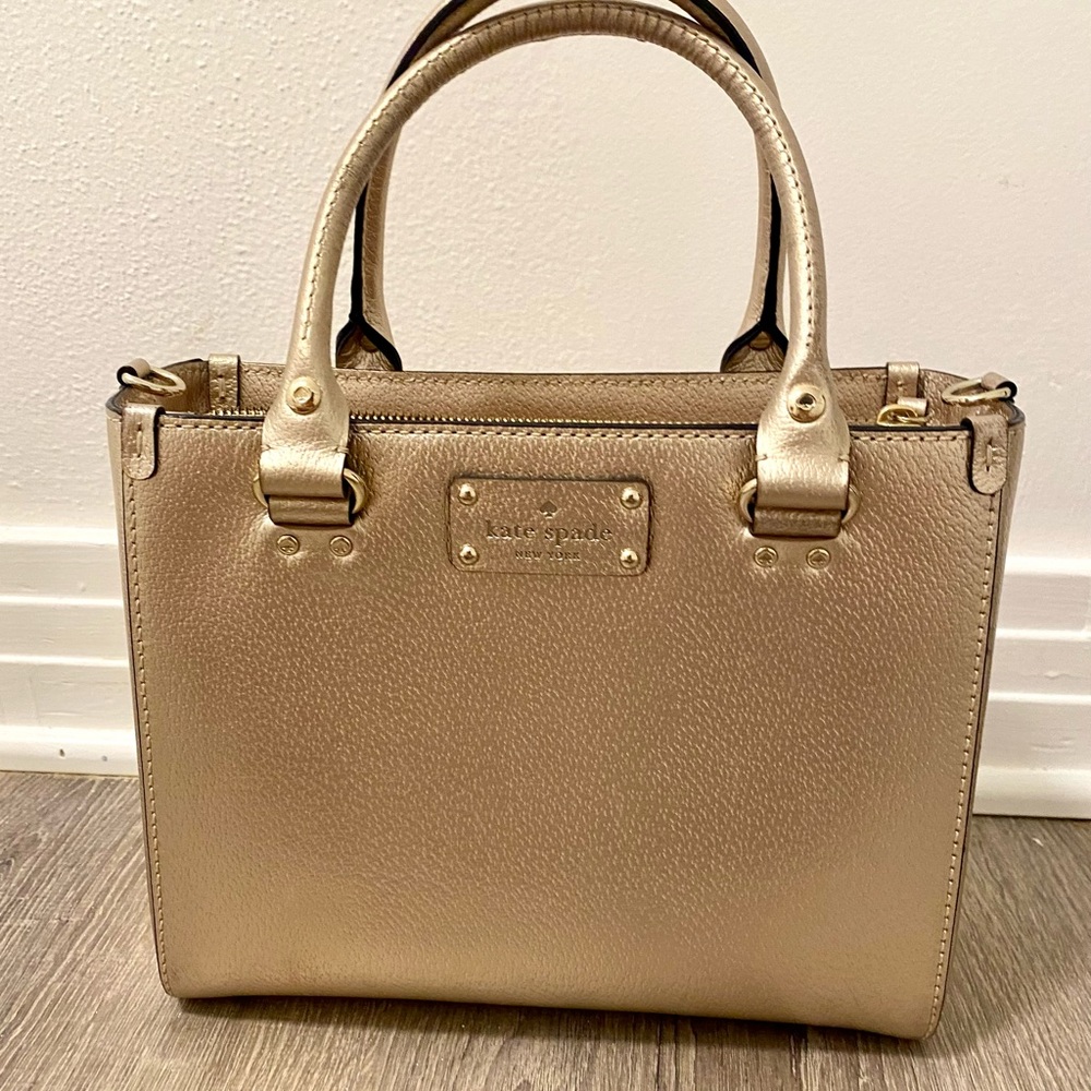 Kate Spade Metallic Gold Quinn Triple Compartment Leather Tote Bag